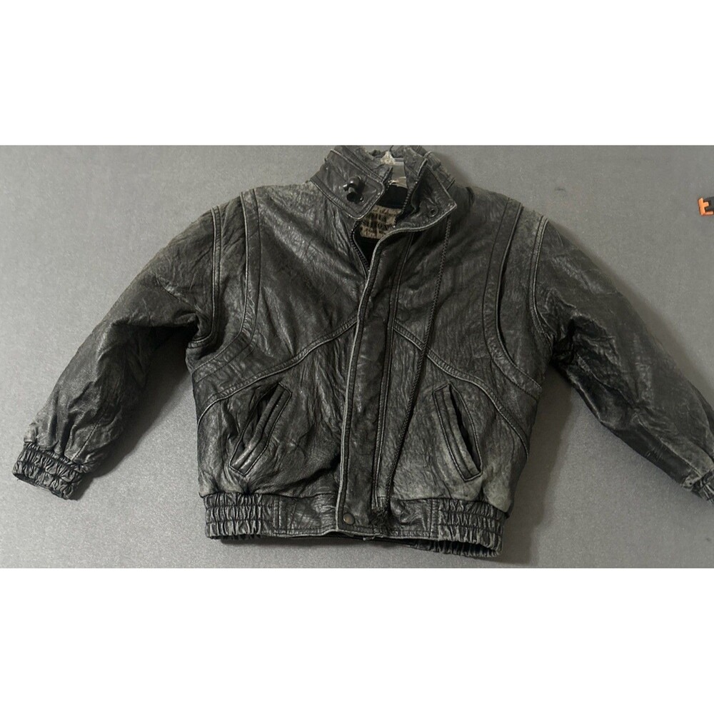 Vintage 90s Soha Fashion’s Boys Charcoal Black Leather Bomber Jacket Sz M